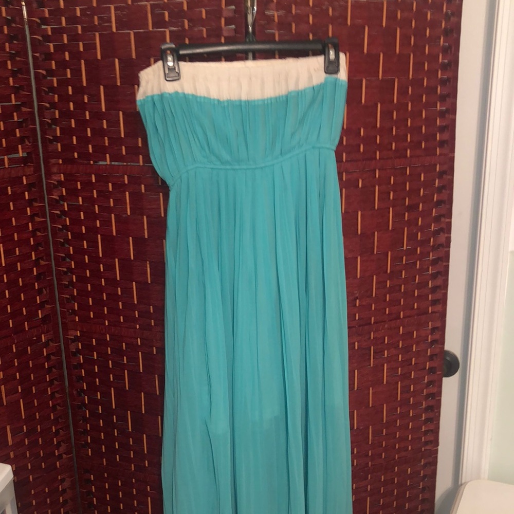 Strapless Teal and Cream Maxi Dress
